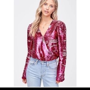 En Saison Bastienne Pink Sequin Bodysuit S NWT